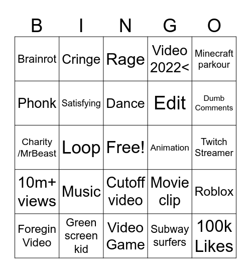 YouTube shorts Bingo Card