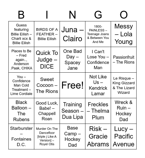 HOTTEST 100 BINGO Card