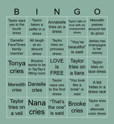 Wedding Dress Shopping Bingo Card