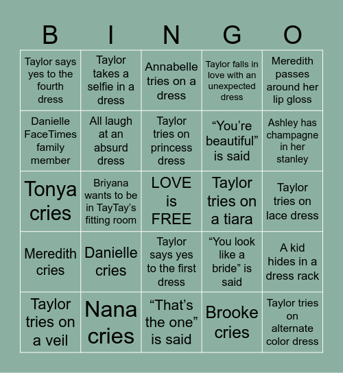 Wedding Dress Shopping Bingo Card