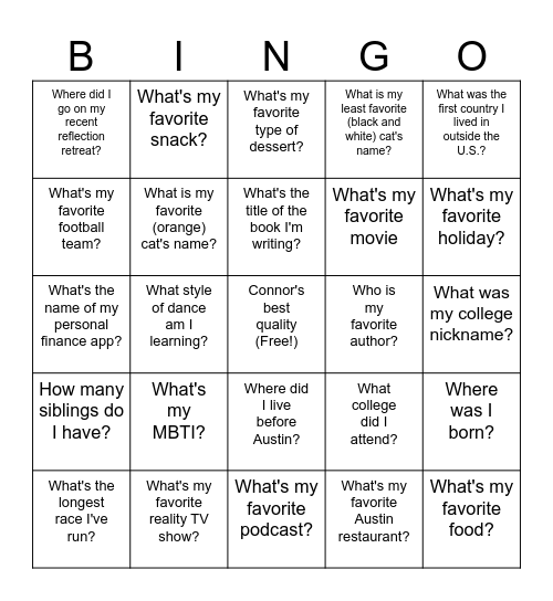Connor Trivia Bingo Card