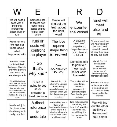 VERY SPECIFIC deltarune prediction bingo Card