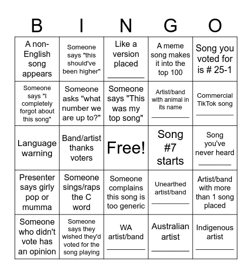 Triple J Hottest 100 Bingo Card
