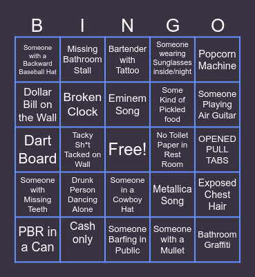 BAR BINGO 1.25 Bingo Card