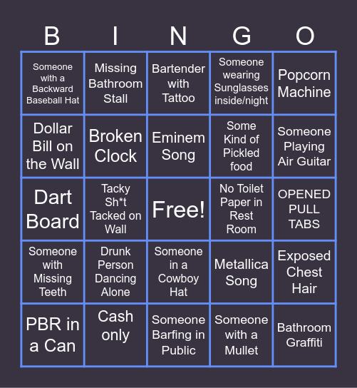 BAR BINGO 1.25 Bingo Card