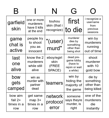 hypixel murder mystery bingo Card