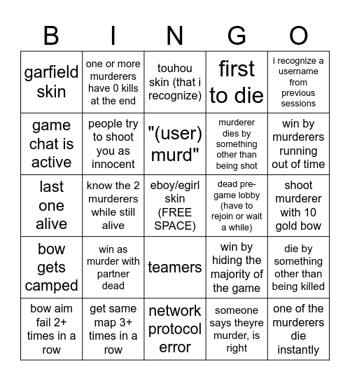 hypixel murder mystery bingo Card