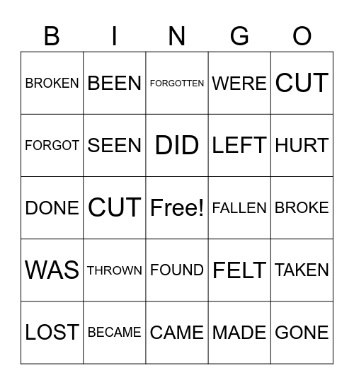 OUTCOMES IRREGULAR VERBS Bingo Card