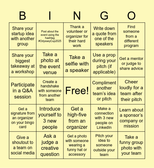 Odyssey Cup Bingo Card