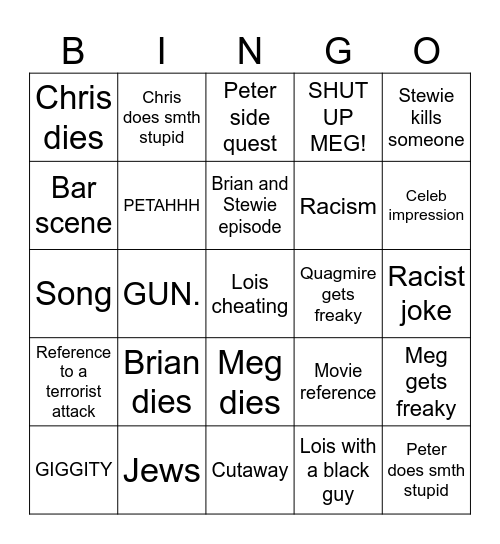 Family Guy Bingo Card