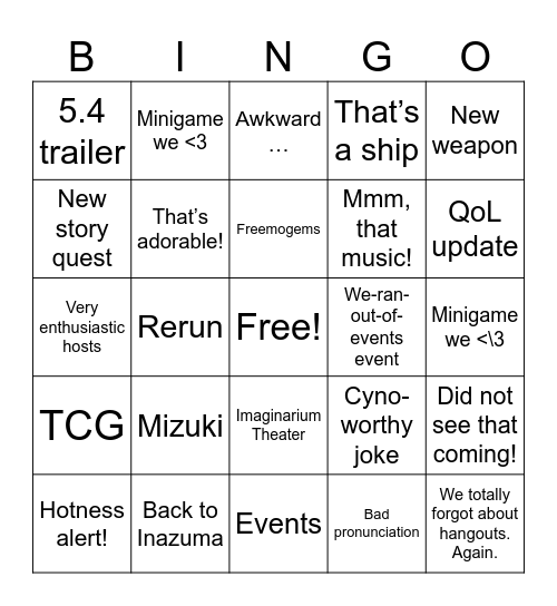 Genshin 5.4 Bingo Card