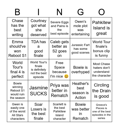 Total Drama Unpopular Opinions Bingo Card