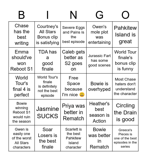 Total Drama Unpopular Opinions Bingo Card