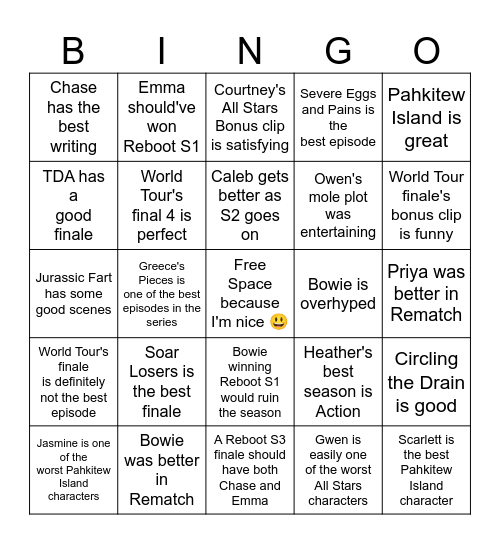 Total Drama Unpopular Opinions Bingo Card