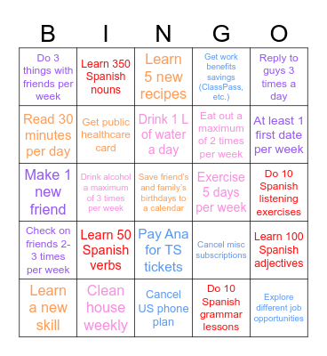 January & February 2025 Goals Bingo Card