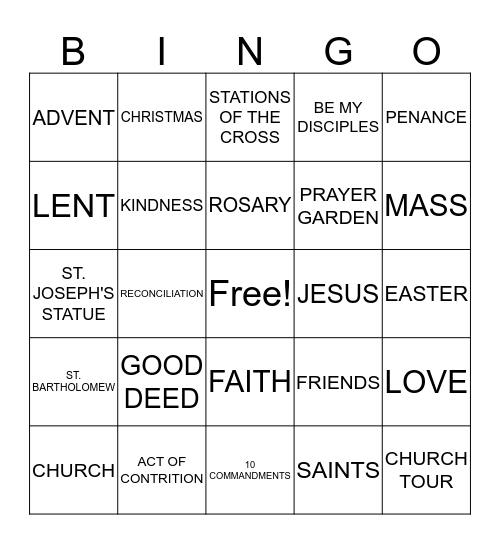 4th Grade Religion Bingo Card