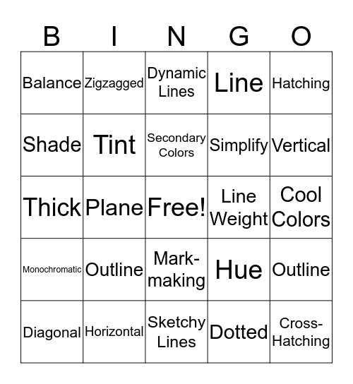 Line and Color Vocabulary BINGO Card