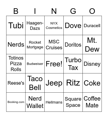Super Bowl Commercial Bingo Card