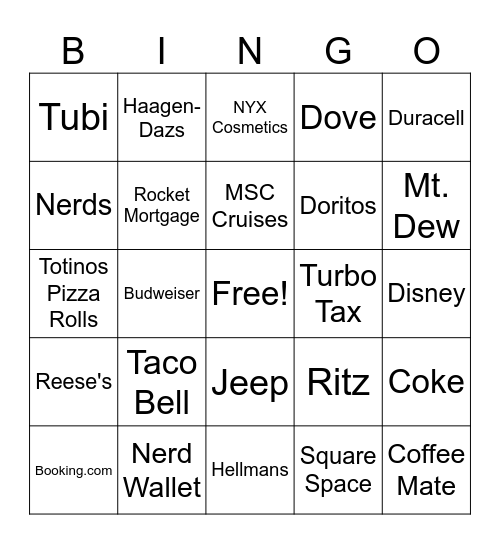 Super Bowl Commercial Bingo Card