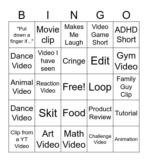 YT Shorts Bingo Card