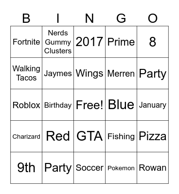 Rowan's Birthday Bingo! Bingo Card