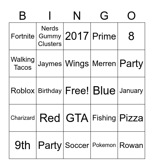 Rowan's Birthday Bingo! Bingo Card