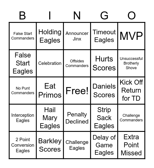 Eagles vs. Commanders Bingo Card