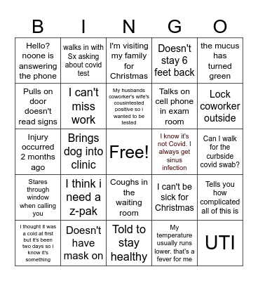 Urgent Care Bingo Card