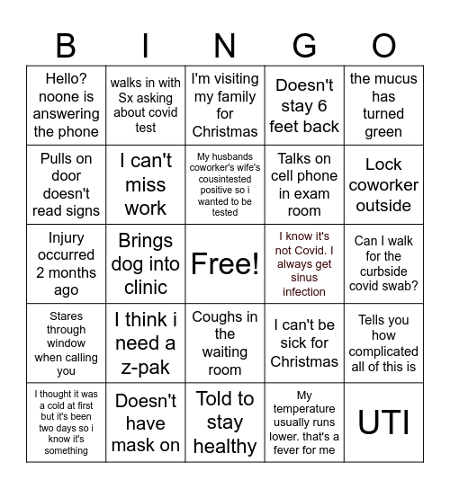 Urgent Care Bingo Card