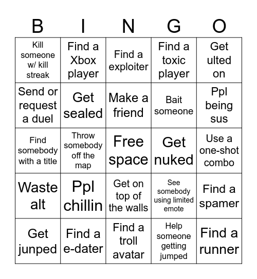 XM's TSB Bingo Card