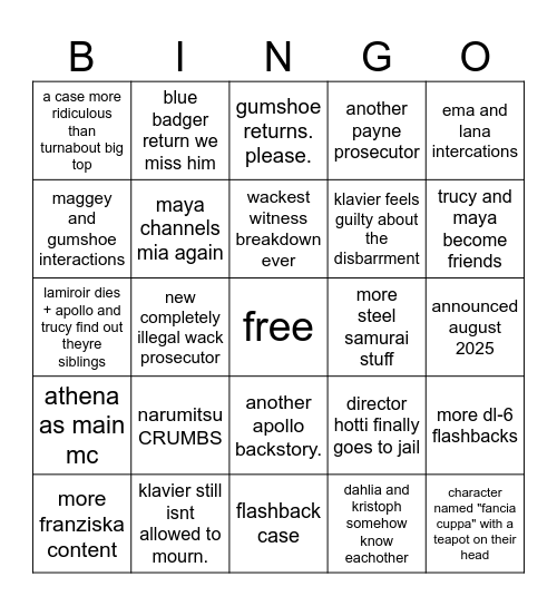 ace attorney 7 predictions Bingo Card