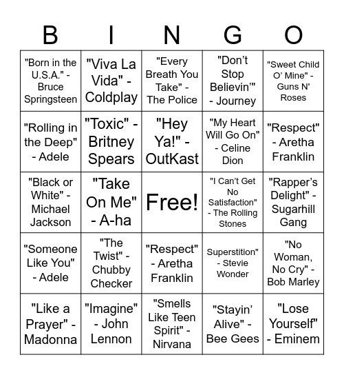 Top 50 Hits Bingo Card