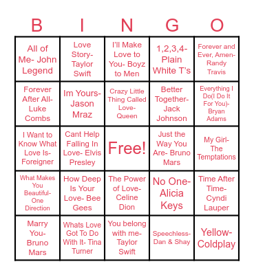 Love Songs Music Bingo Card