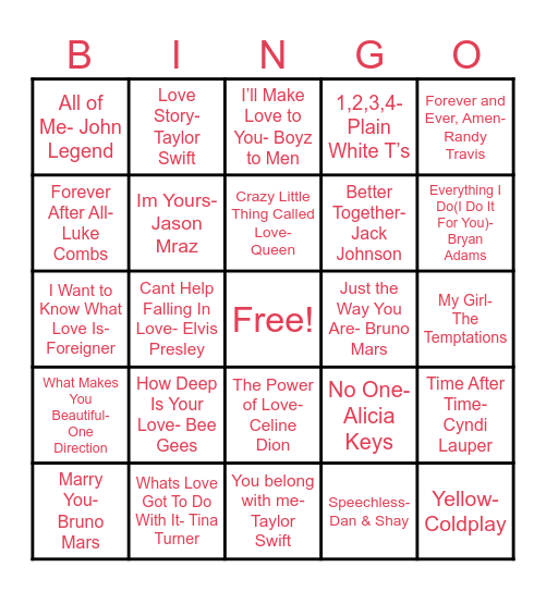 Love Songs Music Bingo Card