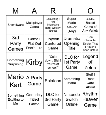 Nintendo Direct Bingo Card