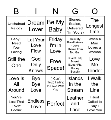 Love Songs Bingo Card