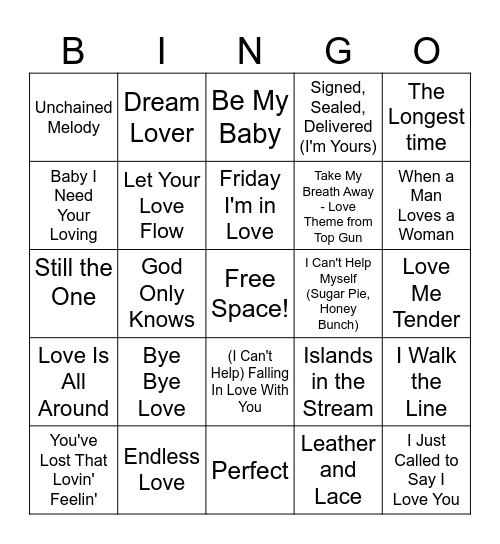 Love Songs Bingo Card