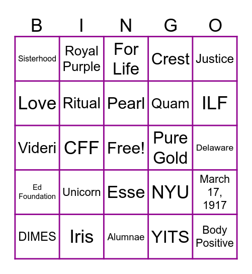 Sisterhood Bingo Card