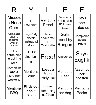 Rylee Edition Bingo Card