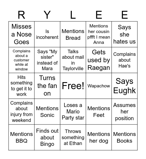 Rylee Edition Bingo Card