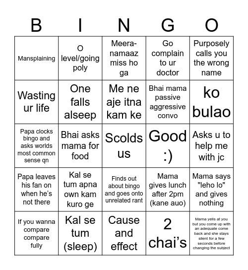 Mama and Papa Bingo Card