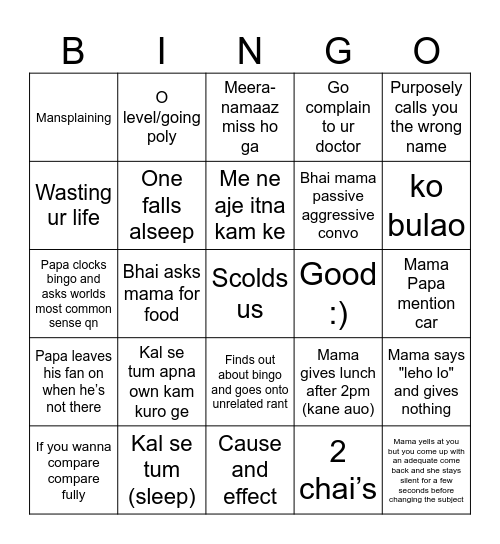 Mama and Papa Bingo Card