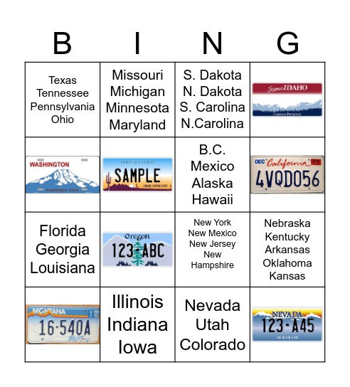 License Plate Bingo Card