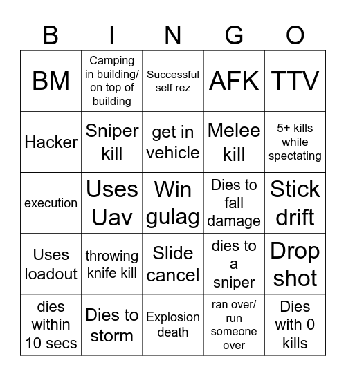 Warzone bingo Card
