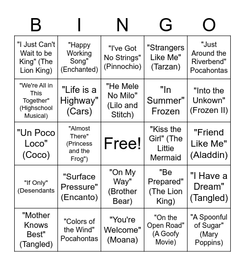Disney Bingo Card