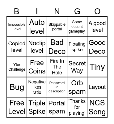 GD: Recent Level Bingo Card