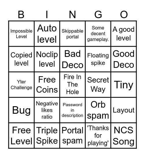 GD: Recent Level Bingo Card