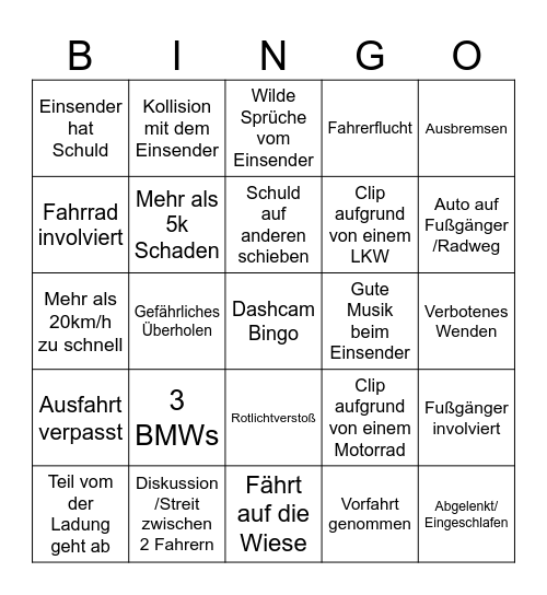Dashcam Bingo Card