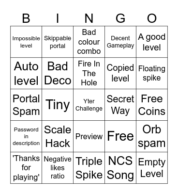 GD: Recent Level Bingo Card