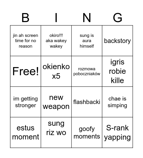 Solo Leveling Bingo Card